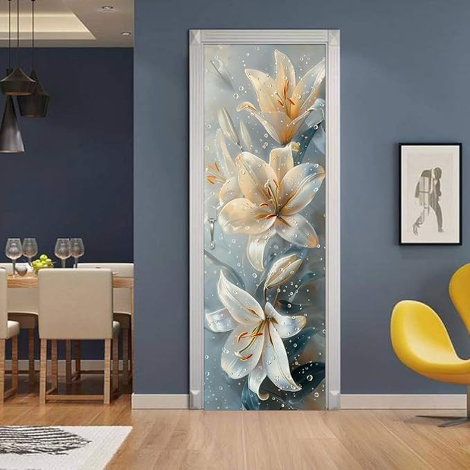 REDAMANCY Modern White Yellow Lily Floral Peel and Stick Door Stickers Vinyl 3D Door Mural Decals Decor Wallpaper Self-Adhesive, Waterproof, Removable