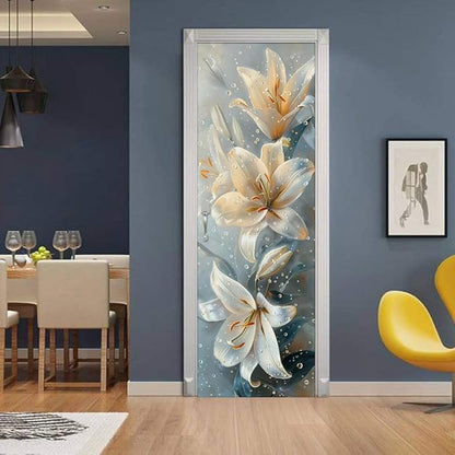 REDAMANCY Modern White Yellow Lily Floral Peel and Stick Door Stickers Vinyl 3D Door Mural Decals Decor Wallpaper Self-Adhesive, Waterproof, Removable