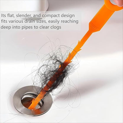 Drain Snake Hair Clog Remover Tool, Orange, Plastic, 20 Inch, Flexible Design for Toilet, Sink, Floor Drain, 3 Pack