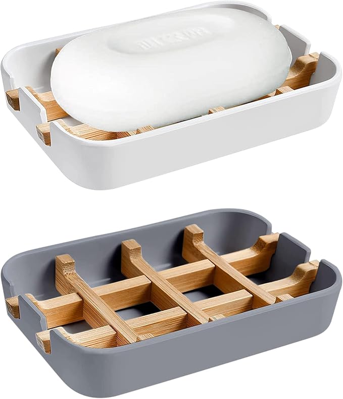Aoheuo Modern Bamboo Fiber soap Holder and soap Dish Combination (Removable),5.12 Long by 3 Wide, 0.98 inches high, Used in Kitchens, bathrooms, and bar Sinks (White,Gray)