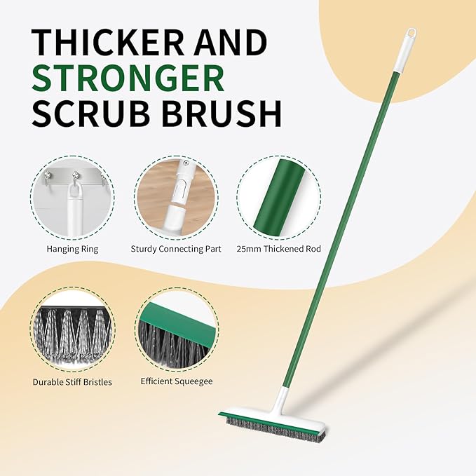 Floor Scrub Brush, 51" Long Handle Scrub Brushes for Cleaning 2 in 1 Heavy Duty Deck Brush Stiff Bristle Tile Floor Scrubber for Shower Bathroom Garage Kitchen Wall Tub and Swimming Pool