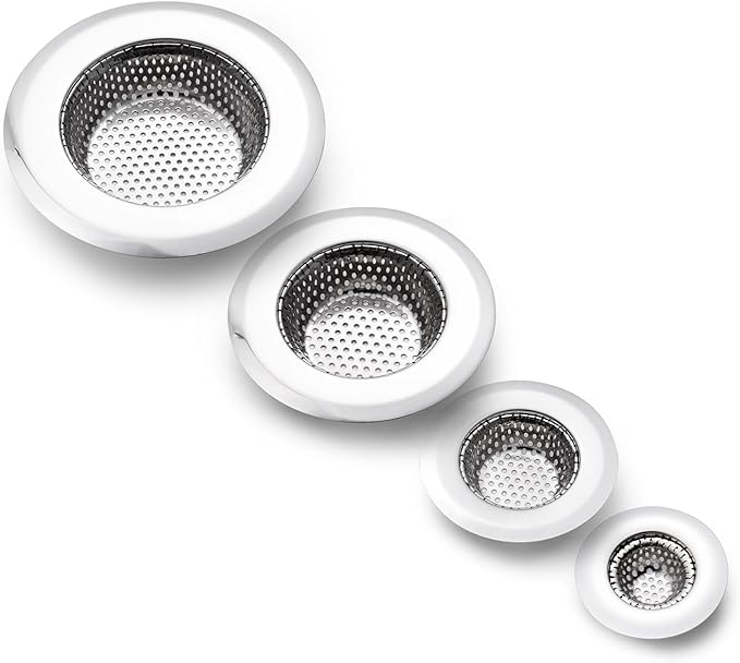 CORNERJOY 4 Pack Heavy Duty Stainless Steel Kitchen Sink Drain Strainer, Bathroom Hair Catcher Shower Drain Cover, Sink Tub Drain Stopper, Wash Basin Floor Drain, 2.1 to 4.5 Inch Diameter Rim
