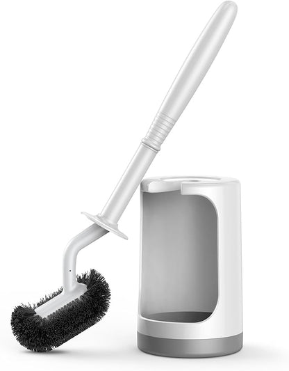 HAMITOR Toilet Bowl Brush Holder Set: Curved Design with Holder for Deep Cleaning Under Rim - Compact Hidden Scrubber for Small Space - Modern RV Bathroom Accessories - White 1 Pack