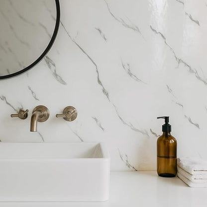 Carrara White Marble Peel and Stick Wallpaper, Glossy Texture Vinyl Wall Panels, Waterproof Renter Friendly, 23.6" x 118", TV Accent Wall, Bathroom, Foyer, Coffee Shop Decor