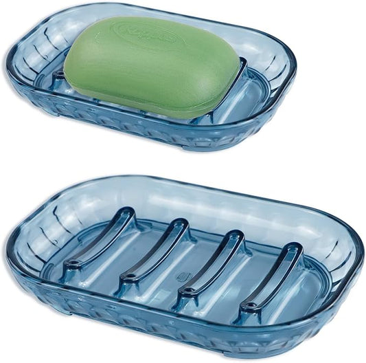 2 Pack Bar Soap Dish Holder, Plastic Clear Waterfall Soap Tray Dryer, Self Draining Soaps Saver for Shower, Kitchen Sink, Bathroom Restaurant Counter, Hotel (Blue)