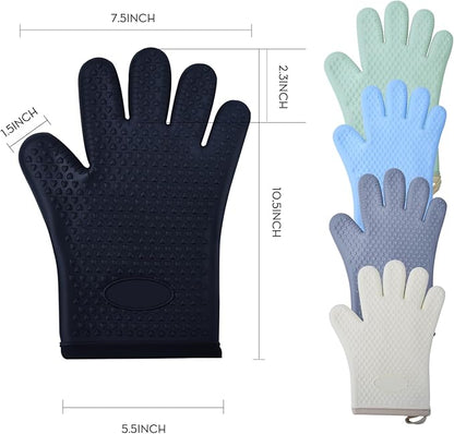 Silicone Oven Mitts Heat,2 Pair Non-Slip Five-Finger Oven Gloves, Waterproof Flexible BBQ Grilling Gloves with Hanging Loops, Kitchen Mitts for Baking Cooking Frying (Black)