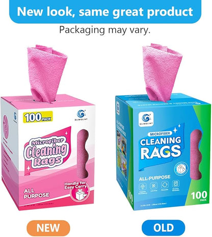 GLIMGLINT Pink Microfiber Cleaning Cloth, 100 Pack Cleaning Rags, Lint-Free, Ultra Absorbent Reusable Paper Towels for Home, Kitchen, Car, Garage or Shop, Dish Rags, 11" x 9"