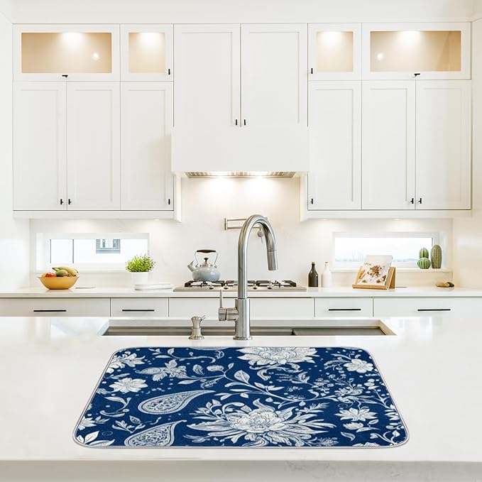 Dish Drying Mats with Hanging Loop for Kitchen Counter - Super Absorbent & Microfiber Sink Dry Mat with Paisley Floral Paisley Floral, Non-Slip Backing, Dishes, Sink, Countertop Protection 18"x24"