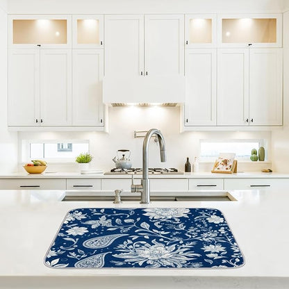 Dish Drying Mats with Hanging Loop for Kitchen Counter - Super Absorbent & Microfiber Sink Dry Mat with Paisley Floral Paisley Floral, Non-Slip Backing, Dishes, Sink, Countertop Protection 18"x24"