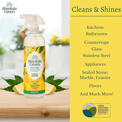 Absolute Green All Purpose Cleaner Spray, Non-Toxic, Kitchen, Bath, Countertop, Stainless, Safe around Kids + Pets, Natural Lemon Scent, 25 oz (1 Pack)