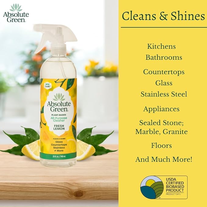 Absolute Green All Purpose Cleaner Spray, Non-Toxic, Kitchen, Bath, Countertop, Stainless, Safe around Kids + Pets, Natural Lemon Scent, 25 oz (6 Pack)