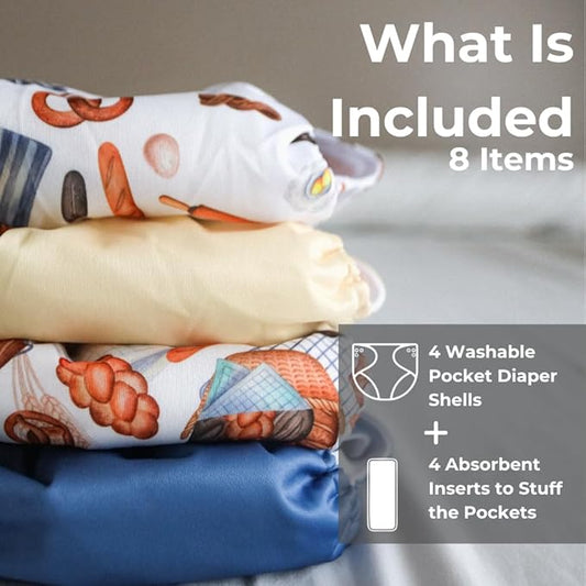 Nora's Nursery Cloth Pocket Diapers 4 Pack with 4 Inserts - Waterproof Cover, Washable, Reusable & One Size Adjustable Pocket Diapers for Newborns and Toddlers - Knead It