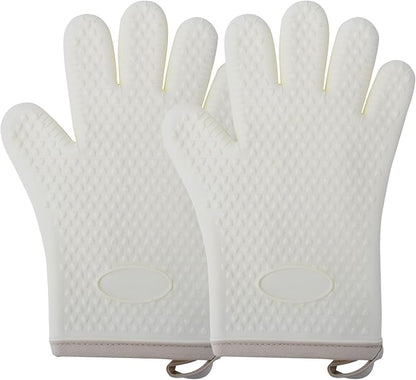 Silicone Oven Mitts Heat,1 Pair Non-Slip Five-Finger Oven Gloves, Waterproof Flexible BBQ Grilling Gloves with Hanging Loops, Kitchen Mitts for Baking Cooking Frying (White)