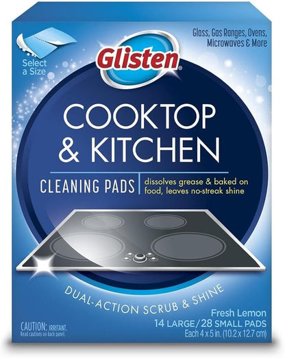 Glisten Cooktop and Kitchen Cleaning Pads for Glass, Gas Ranges, Ovens, Microwaves, and More, Dissolves Grease and Baked on Foods, Lemon Scent, 14 Large Pads or 28 Small Pads