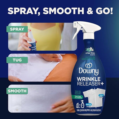 Downy Wrinkle Releaser Spray, All In One Formula, Removes Wrinkles, Static and Odor Eliminator, Crisp Linen Scent, 33.8 Fl Oz (Packaging May Vary),(Pack of 4)