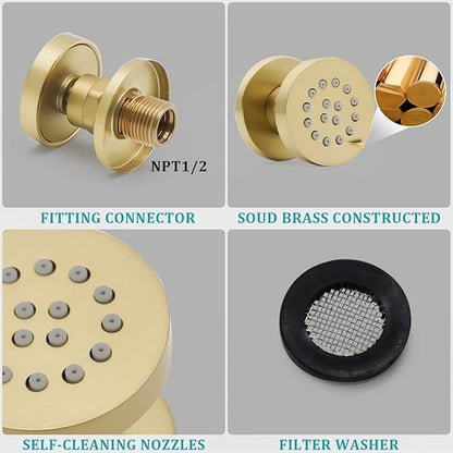 Brass Round Shower Body Spray Jets 6 Pack, HOMEDEC Spa Massage Nozzle 2inch Rain Showerhead Wall Mount Rainfall Shower Head Sprayer, Brushed Gold