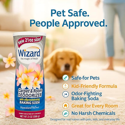 Wizard Carpet Deodorizer with Baking Soda, Hawaiian Retreat Scent Odor Eliminator, Carpet Freshener & Pet Odor Absorber, Carpeting Powder Air Freshener for the Home – 3-Pack, 21 oz per Bottle