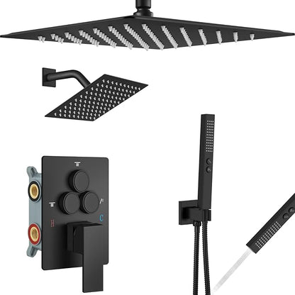 Aolemi Shower Faucet Set Ceiling Mount Shower System Rough-in Valve and Shower Trim Kit 2 in 1 Handheld Spray Push Button Diverter 16 and 6 Inch Dual Shower Head Matte Black