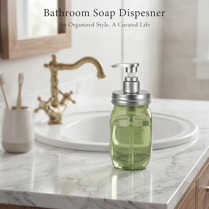 Amolliar Plastic Mason Jar Soap Dispenser with Pump Lid,16OZ Refillable BPA-Free Hand Soap Dispenser Set with Cute Lables, Farmhouse Decor for Kitchen/Bathroom, Liquid Dish Soap, Lotion(2 Pack, Green)