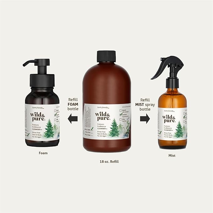 Wild & Pure Sensitive Skin Body Wash Refill (18oz) for Foamers/Spray | Cleanser, Deodorizer, Moisturizer for Face, Hands, Body | pH-Balanced, Microbiome-Friendly | EcoBalance Refillable Skincare