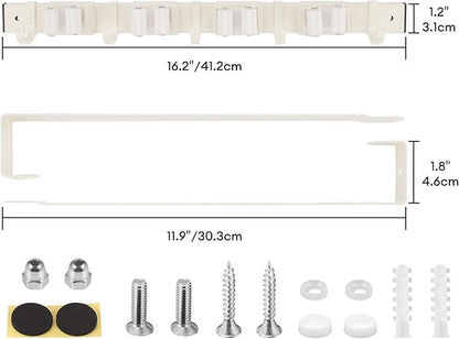 Over Door Movable Broom and Mop Hanging Holder with Sliding 4 Rack 5 Hook, Metal Mop and Broom Holder Wall Mount with 2 Over Door Hook, Door Mount Storage Organizer for Closet Garage Laundry, White