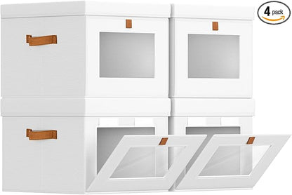 Storage Bins with Lid – Closet Organizer with Side Opening and Clear Window, Foldable Stackable Fabric Basket for Clothes, Home, Office - 13.77" x 11.8" x 9.8", 4 Pack, White