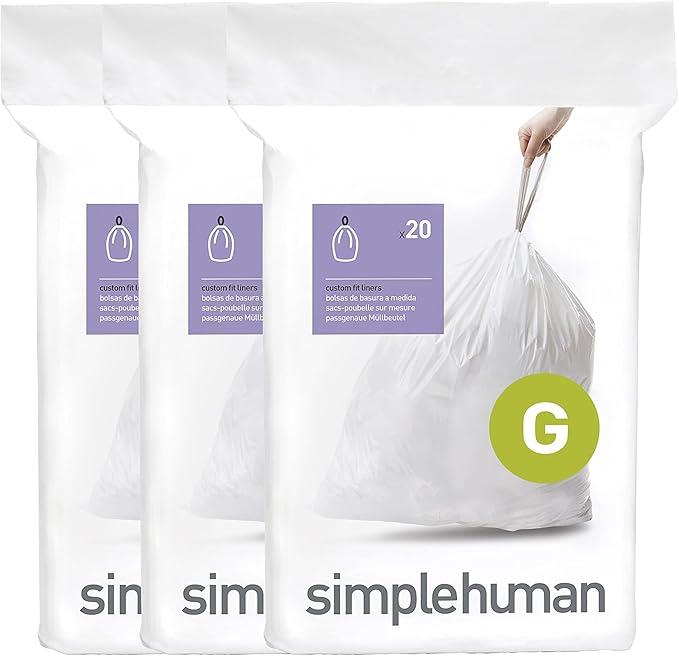 simplehuman Code G 60 Count, Dispenser Pack Custom Fit Liners, Drawstring Trash Bags, 30 Liter / 8 Gallon, White