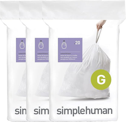 simplehuman Code G 60 Count, Dispenser Pack Custom Fit Liners, Drawstring Trash Bags, 30 Liter / 8 Gallon, White