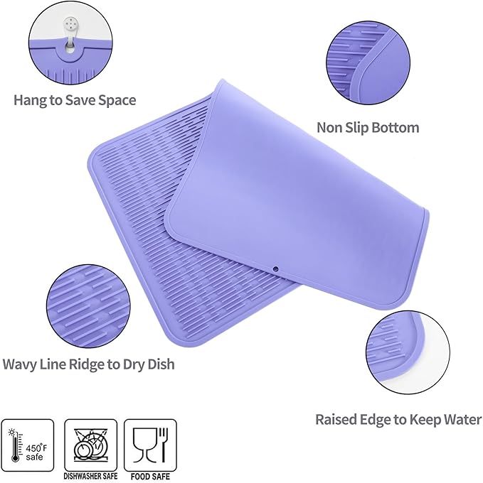 MicoYang Silicone Dish Drying Mat for Multiple Usage,Easy clean,Eco-friendly,Heat-resistant Silicone Mat for Kitchen Counter or Sink,Refrigerator or Drawer Liner Light Purple 3XL 28 inches x 18 inches