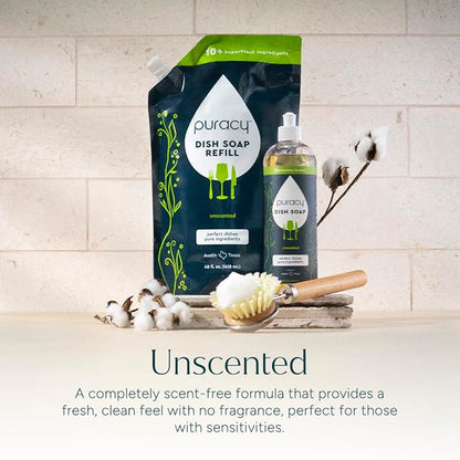 Puracy Natural Dish Soap Packs- Unscented Skin-Softening Plant-Based Dishwashing Soap, Non-Toxic Dish Soap, Fragance Free Organic Liquid Dishwashing Detergent Soap (Unscented, 16 fl oz, 3 Pack)