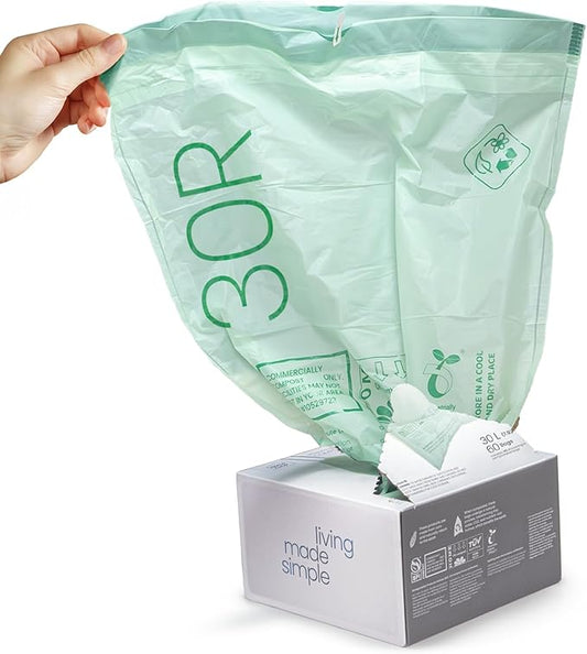 Home Zone Living 8 Gallon Compost Kitchen Trash Bags with Drawstring Handles, BPI-Certified Eco Friendly, Heavy Duty Custom Fit for 30 Liter Recycling Trash Can Liner, Code 30R, 60 Count, Green