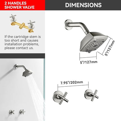 2 Handle Shower Faucet Set 6-Spray Shower Head and Handle Set Shower Trim Kit with Rough-in Valve Bathroom Shower Faucet Valve Trim Kit Brushed Nickel