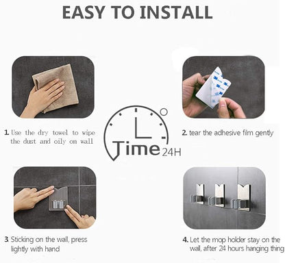 HANZE 2 Pack Mop Broom Holder Racks 304 Stainless Steel Self Adhesive Heavy Duty Wall Mounted Mop Organizer Storage Clip Multi-Used for Garage Kitchen and Bathroom
