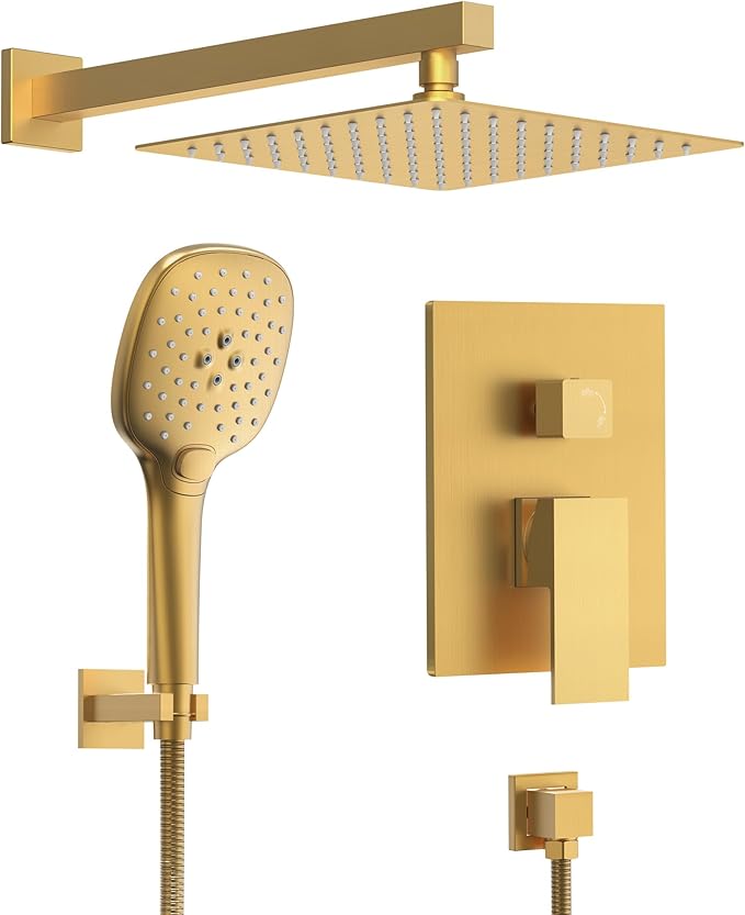 Double Handle High Pressure 3 Spray Shower Faucet Set with Valve 10 Inch Wall Mount Brushed Gold
