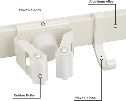 Over Door Movable Broom and Mop Hanging Holder with Sliding 4 Rack 5 Hook, Metal Mop and Broom Holder Wall Mount with 2 Over Door Hook, Door Mount Storage Organizer for Closet Garage Laundry, White
