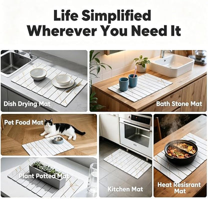 Stone Drying Mat for Kitchen Counter, Quick Diatomaceous Earth Mats for Dishes, 24" x 16" W Super Absorbent Fast-Drying Collapsible Countertop Stone Mat (Marble Gold White, Extra Large)