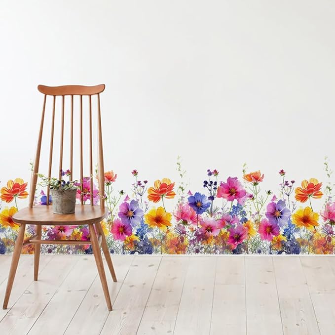Runtoo Watercolor Flower Wall Corner Stickers Floral Garden Baseboard Skirting Line Wall Decals for Bedroom Nursery Classroom Home Decor (W:40 inches)