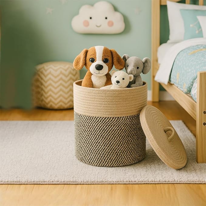 Yimi's Dream Cotton Rope Basket with Lid – Soft Storage Bin for Home Organization, Brown & Brown‑Black Pattern, Sturdy, Lightweight & Stylish, 11.5″ Round x 13.5″ High
