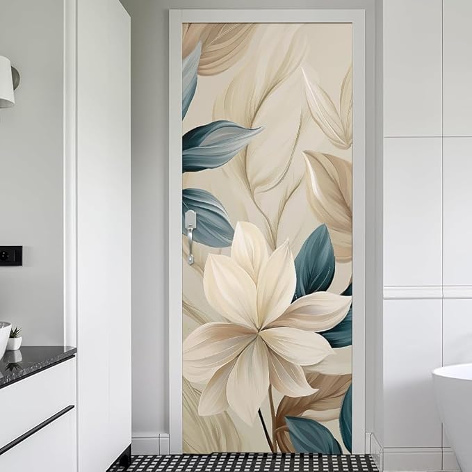 REDAMANCY Cream White Floral Modern Peel and Stick Door Stickers Vinyl 3D Door Mural Decals Decor Wallpaper Self-Adhesive, Waterproof, Removable
