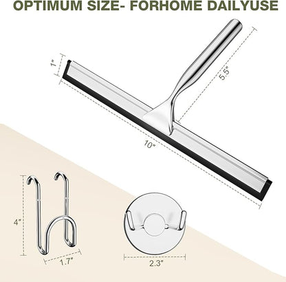 FARMER Shower Squeegee for Glass Doors, 10-Inch Glass Squeegee for Windows, Car Glass and Mirrors, Multi-Purpose Stainless Steel Squeegee with Suction Wall Hook and Over Door Hook, Silver