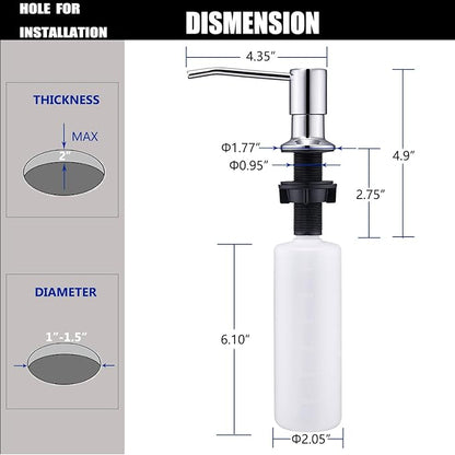 Soap Dispenser for Kitchen Sink Chrome, Sink Soap Dispenser Stainless Steel Refill from The Top Built in Sink Soap Dispenser with 13 OZ Soap Bottle