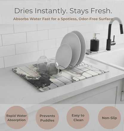Stone Dish Drying Mat, Foldable Diatomaceous Sink Mat – Fast-Drying, Non-Slip, Easy-Clean Stone Drainer for Kitchen & Bathroom (15.75” x 23.62”)