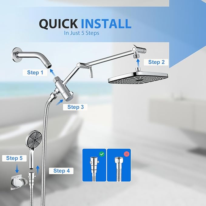 High Pressure Rain Shower Head with Handheld,Wide Rainfall Shower Head Combo with 15" Metal Extension Arm,Detachable Shower head,Rainfall Shower Head with Multi Modes Handheld Spray,Chrome