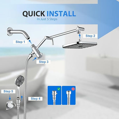 High Pressure Rain Shower Head with Handheld,Wide Rainfall Shower Head Combo with 15" Metal Extension Arm,Detachable Shower head,Rainfall Shower Head with Multi Modes Handheld Spray,Chrome