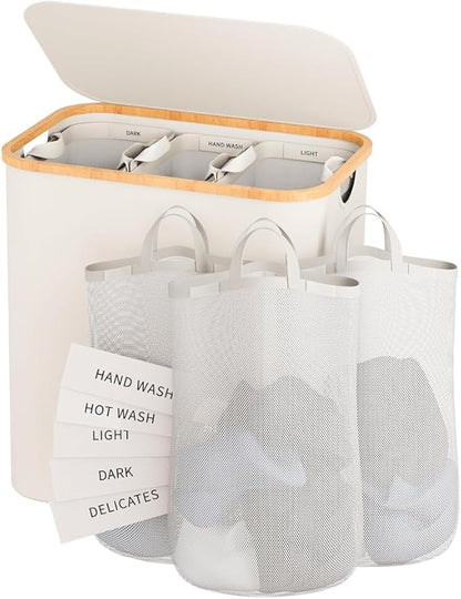 Laundry Hamper 3 Section, 145L Dirty Clothes Hamper with Lid, Extra Large Laundry Basket Organizer with Removable Inner Bags & Labels for Laundry Room, Bedroom, Beige
