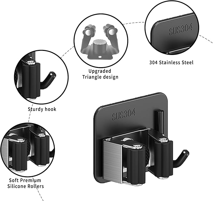 Broom Holder Wall Mount,Mop and Broom Holder Wall Mount Command,3pcs Garden Tool Organizer,304 Stainless (Black)