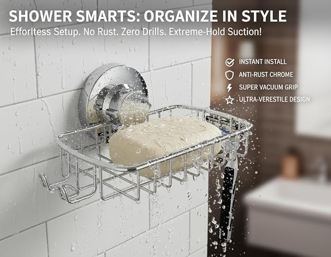 Soap Dish for Shower Suction Cup Powerful Vacuum System Rustproof 304 Stainless Steel Basket Sponges Holder with Razor Hooks for Bathroom or Kitchen Soap Holder (Silver)