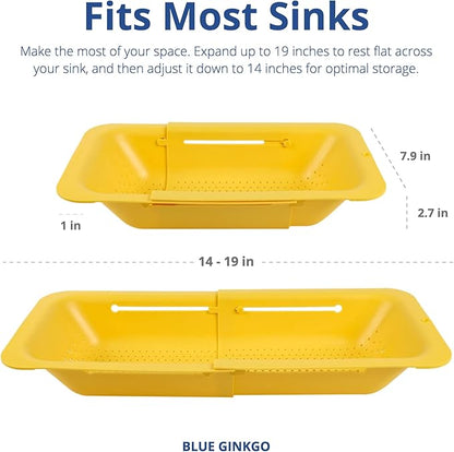 BLUE GINKGO Over the Sink Colander Strainer Basket - Wash Vegetables and Fruits, Drain Cooked Pasta and Dry Dishes - Extendable - New Home Kitchen Essentials (Yellow, 1 Pack)