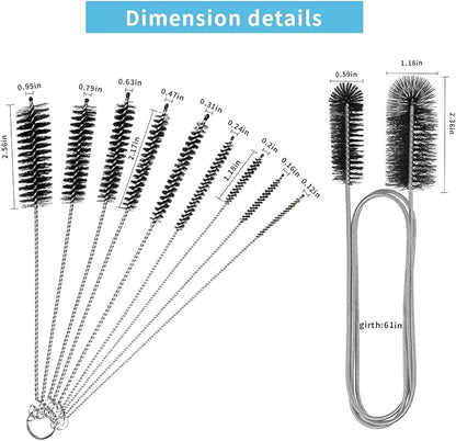 10PCS Flexible Drain Brush Straw Cleaner Brush Set,Pipe Cleaners Brush,61Inch Stainless Steel Double-Ended Hose Brush 8.2Inch Nylon Long CPAP Tube Cleaning Brush for Home Kitchen Sink Plumbing