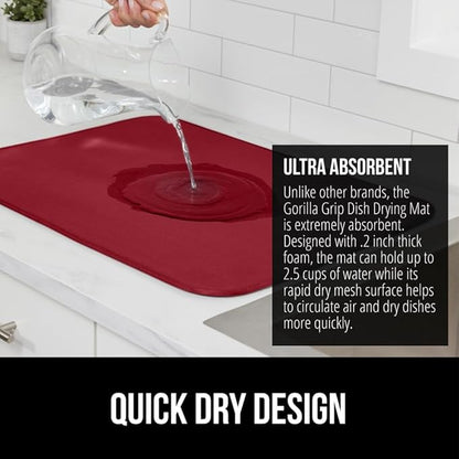GORILLA GRIP Ultra Water Absorbent Microfiber Dish Drying Mat, 18x24, Quick Dry Thick Mesh, Slip Resistant Pad for Sink Dishes or Under Rack, Kitchen Counter Accessories, Machine Wash Mats, Red